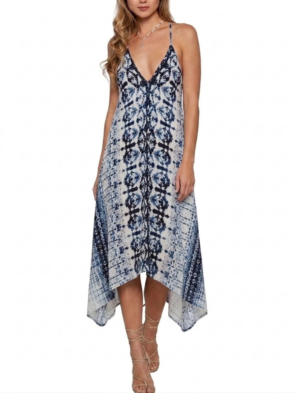 Women’s Navy Tie-Dye V‑Neck Swim Coverup Dress